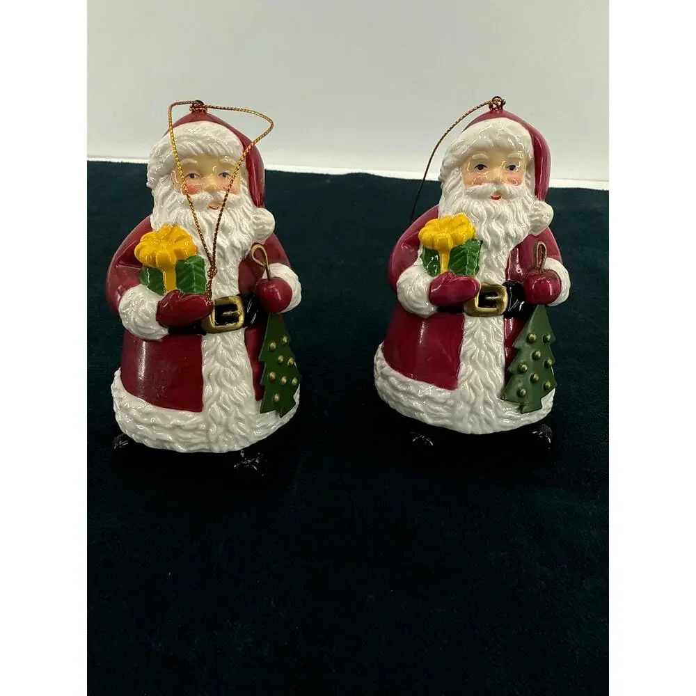 Santa Claus Christmas Bells Set of 2 Ceramic 4 Inch Holiday Tree Ornaments Decor